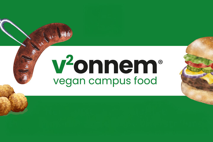 Vegane Bratwurst, Burger und Bällchen vor grün-weißem Hintergrund und mit v2onnem-Logo.