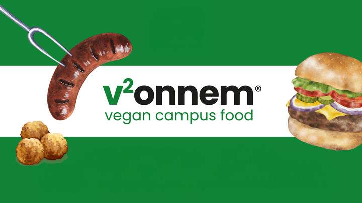 Vegane Bratwurst, Burger und Bällchen vor grün-weißem Hintergrund und mit v2onnem-Logo.