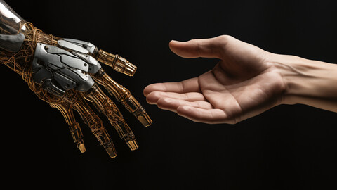 Eine Roboterhand und eine menschliche Hand greifen nacheinander.